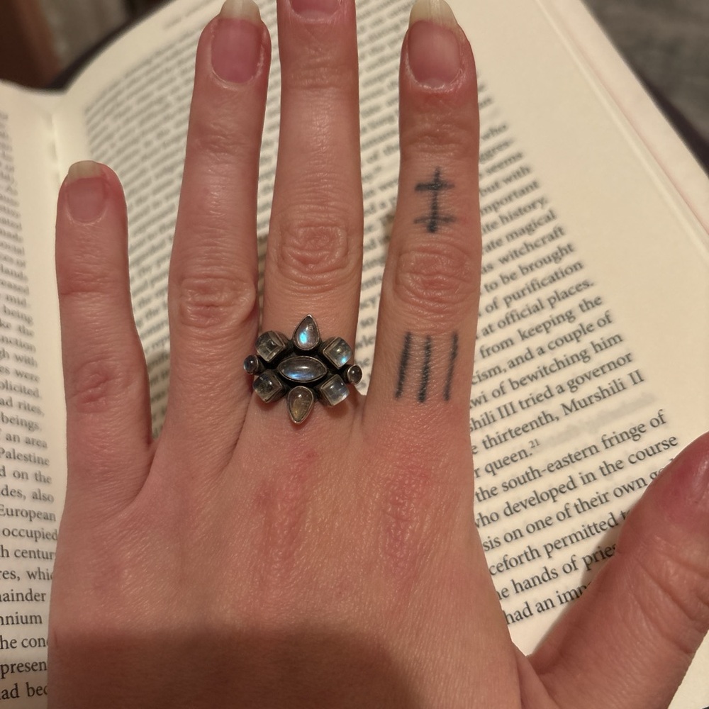 Rainbow moonstone cluster ring